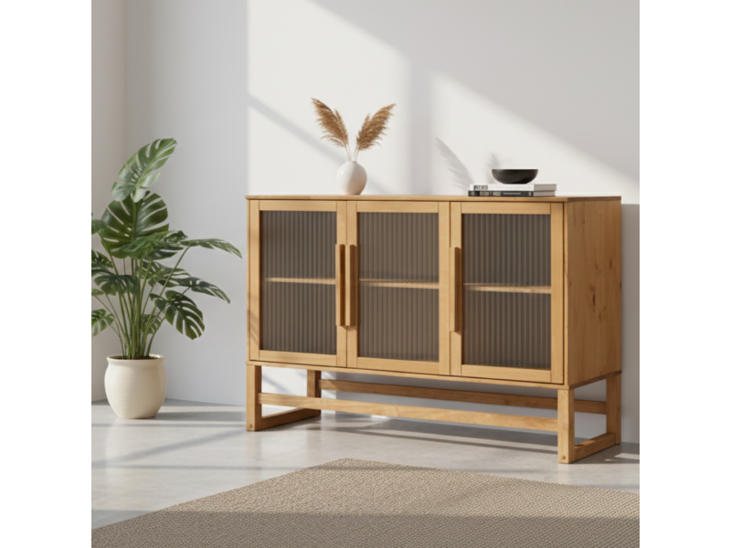 BALCÃO com vidro canelado em cera com toque acetinado natural DE MADEIRA MACIÇA com 3 PORTAS e prateleira interna / coleção Acapulco